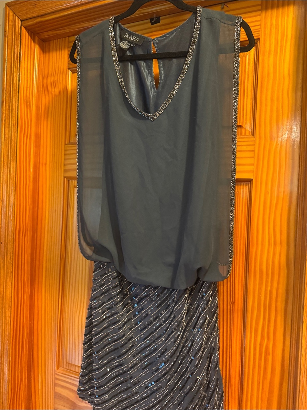 J Kara Slate Gray Beaded Midi Skirt with Sheer Overlay